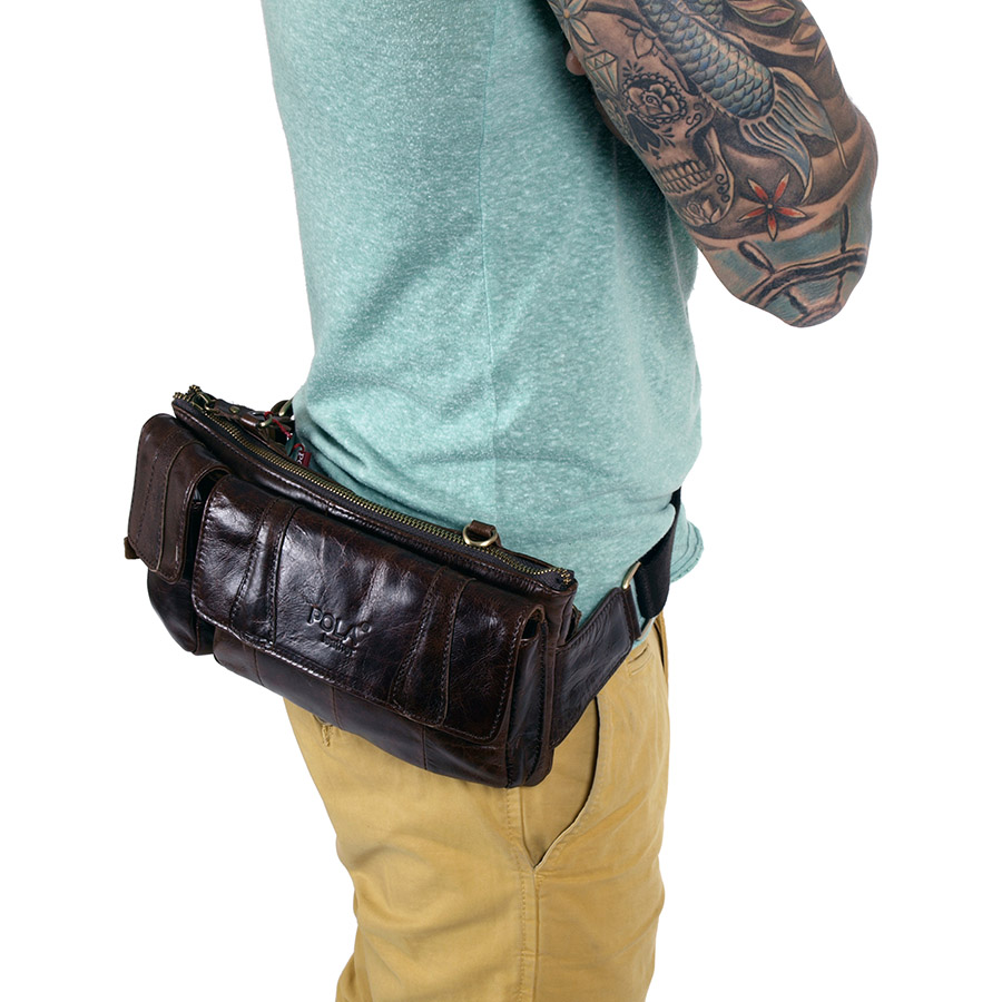 Кожаная сумка на пояс и на ремень POLA 0213 Black